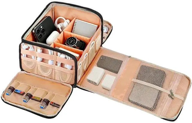 Main image of Compact Cable Organizer Bag for Travel with 20 Pockets Elastic Bands Secure 25x23x16cm Black Polyester