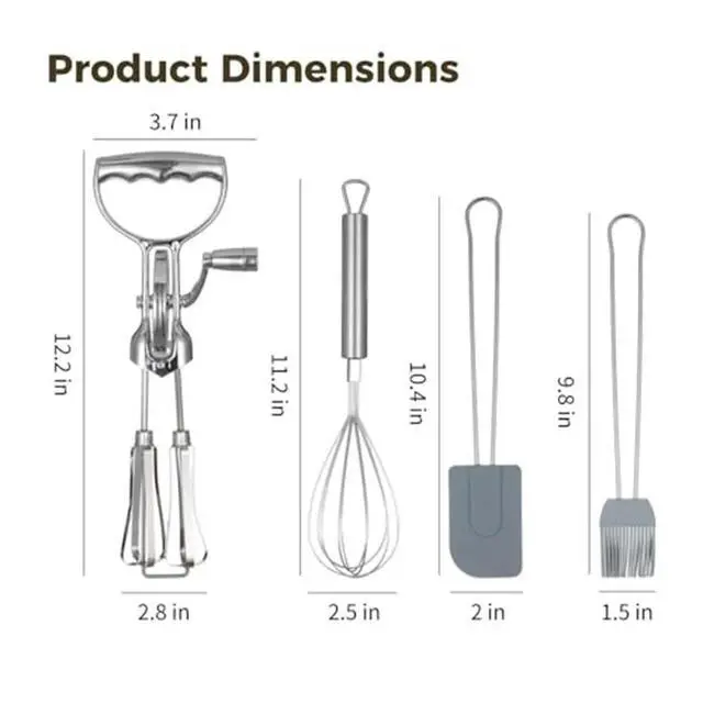 Alt view image 2 of 3 - Manual 4in1 Egg Beater Set with Double Head Rotary Mixer Silicone Brush and Spatula Stainless Steel Kitchen Tool