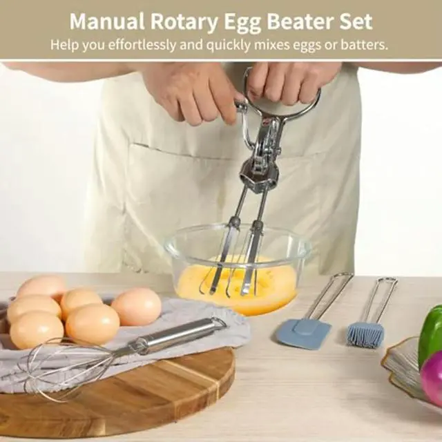 Alt view image 3 of 3 - Manual 4in1 Egg Beater Set with Double Head Rotary Mixer Silicone Brush and Spatula Stainless Steel Kitchen Tool