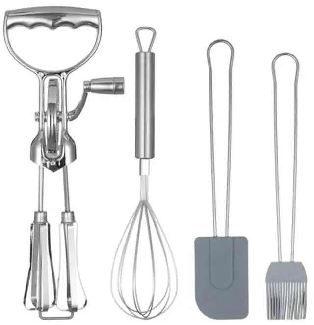 Main image of Manual 4in1 Egg Beater Set with Double Head Rotary Mixer Silicone Brush and Spatula Stainless Steel Kitchen Tool