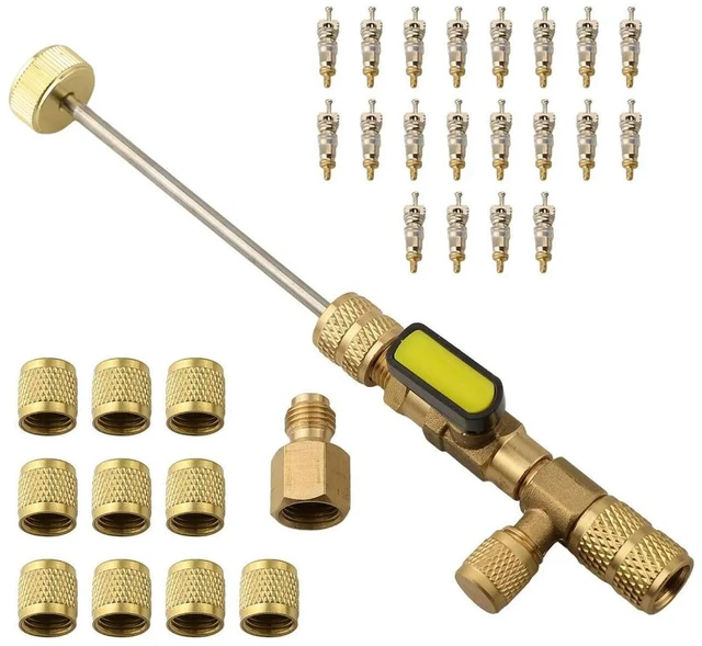 Alt view image 2 of 3 - Valve Core Puller Remover/Installation Tool Disassembly Tool Set + 10 Covers + 20 Valve Cores R410A R22 AC 1/4" And 5/16" Ports