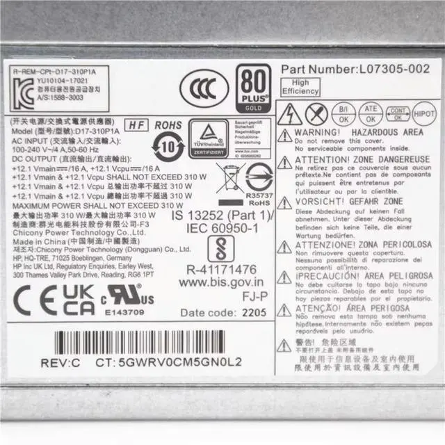 Alt view image 3 of 3 - D17-310P1A L07305-002 For 480 G7 880 G9 Z2 SFF MT 310W Power Supply