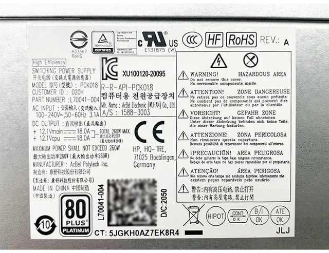 Alt view image 3 of 3 - PCK018 D19-260P1A For ProDesk 600 G6 400 480 G7 MT 260W Power Supply L70041-004 L70041-001 PA-2251-5HK Fast Ship