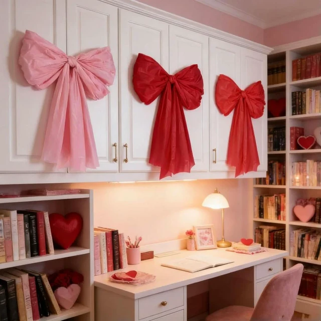 Alt view image 3 of 3 - CCZYF-6 Pieces Giant Valentine Bow DIY Kit for Party Home Wall Door Window Reusable Bows with Hooks Fishing Line and Foam