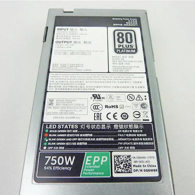 Alt view image 3 of 3 - For R630 R730 R730XD 750W Power Supply 80 PLUS D750E-S6 DPS-750AB-15A 0G6W6K G6W6K CN-0G6W6K 100% Tested