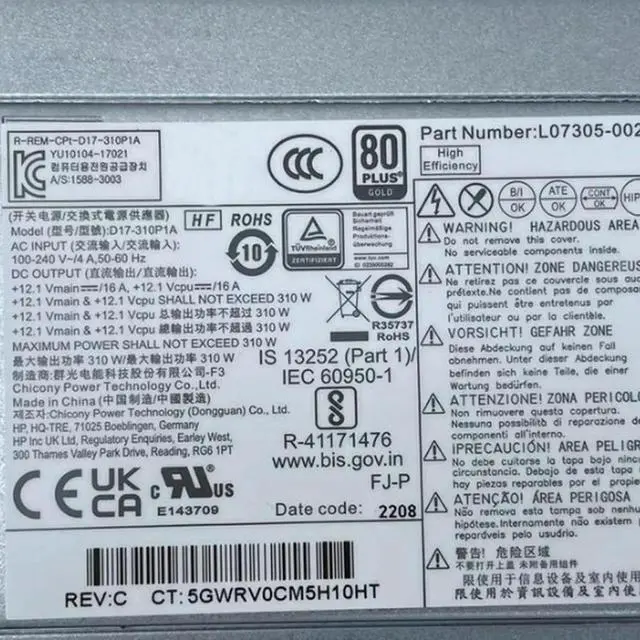 Alt view image 3 of 3 - D17-310P1A L07305-002 For 280 G4 Pro 600 800G3 4Pin 310W Power Supply D16-250P2A D16-180P1B PCH023 PCG007 D16-180P1A