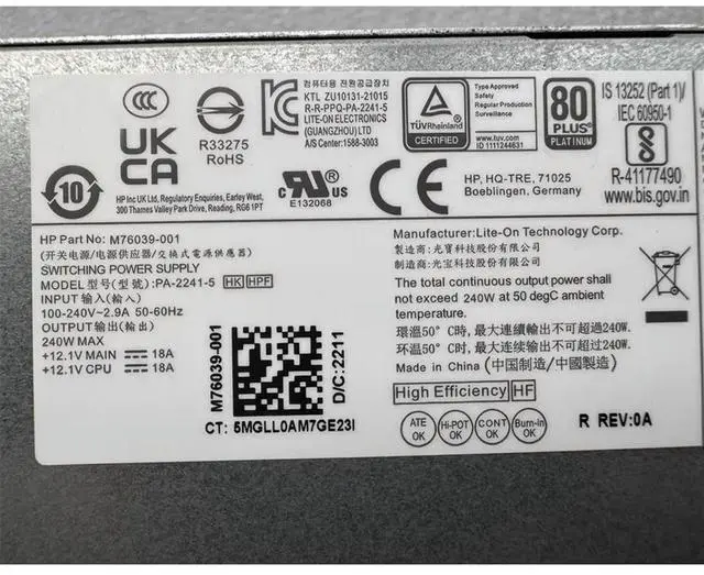 Alt view image 3 of 3 - M76039-001 PA-2241-5 240W For Pro 400 G9R SFF 240W Power Supply Tested