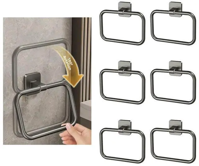 Main image of Gunl Gray 6 Piece Square Towel Rings Set Space Aluminum Alloy Construction for Contemporary Bathroom Kitchen Setup
