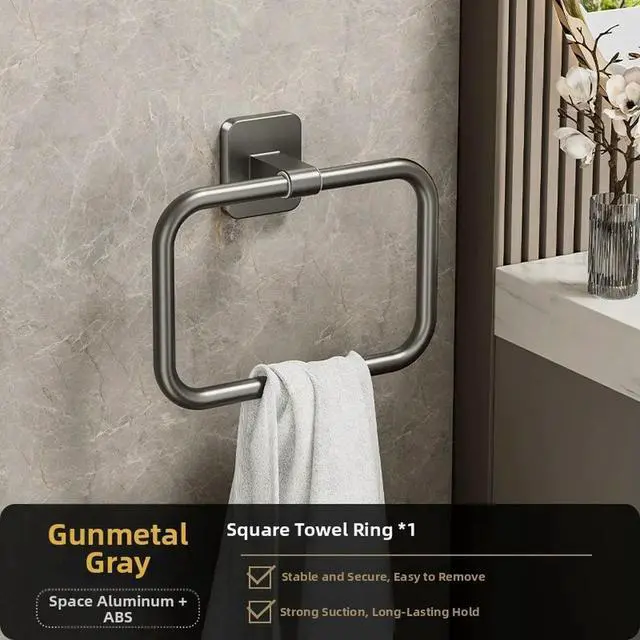 Alt view image 3 of 3 - Gunl Gray 6 Piece Square Towel Rings Set Space Aluminum Alloy Construction for Contemporary Bathroom Kitchen Setup
