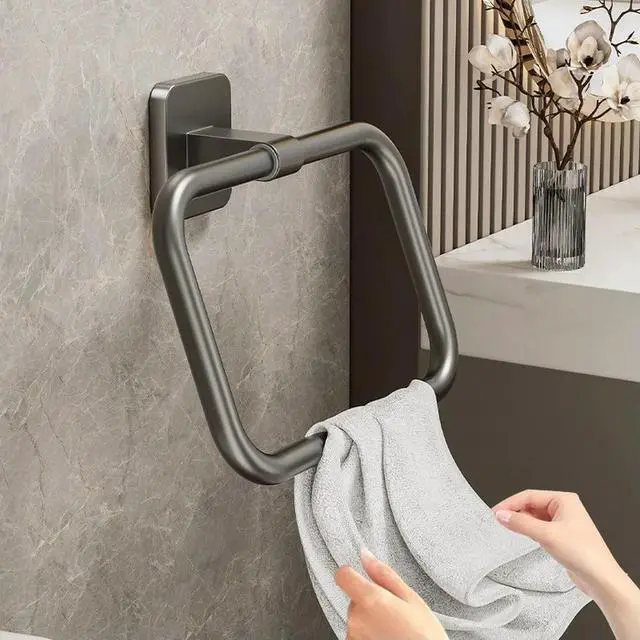 Alt view image 2 of 3 - Gunl Gray 6 Piece Square Towel Rings Set Space Aluminum Alloy Construction for Contemporary Bathroom Kitchen Setup