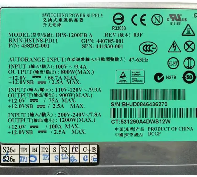 Alt view image 2 of 3 - For DL580 G5 1200W Server Power DPS-1200FB A HSTNS-PD11 438202-002 438202-001 441830-001 440785-001