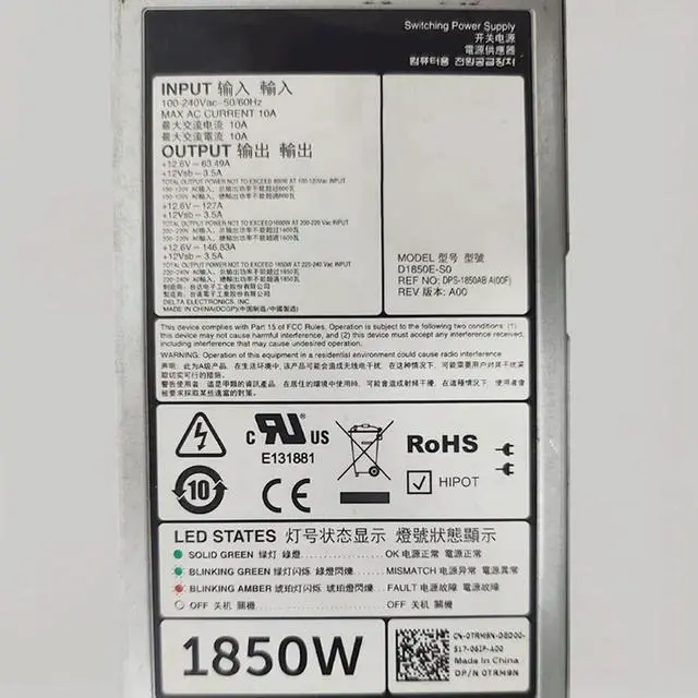 Alt view image 2 of 3 - 09R99K 0TRM9N For PowerEdge R840 R940 C4130 C4140 1850W Switching Power Supply D1850E-S0 9R99K TRM9N
