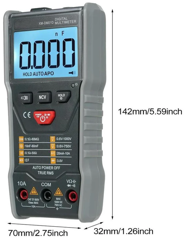 Alt view image 3 of 6 - True RMS Digital Multimeter KM-DM01D 6000 Count Auto-Range Meter with NCV Detection Data Hold Backlight LCD and Tilting Stand