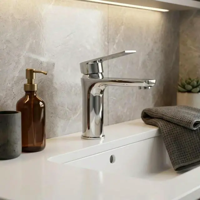 Alt view image 2 of 3 - Stainless Steel Bathroom Basin Mixer Tap with Water Saving Aerator Single Lever Control 16.8x4.5x15 cm llic Luster