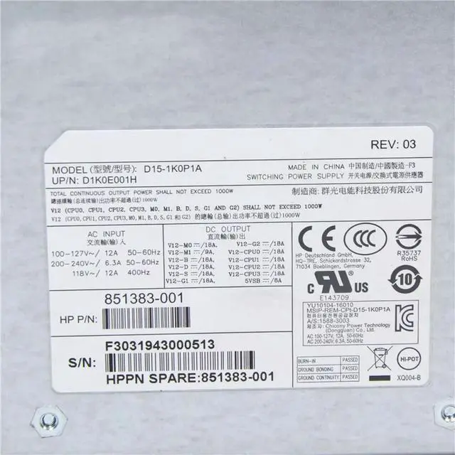 Alt view image 3 of 3 - 851383-001 D15-1K0P1A 1000W PSU For Z4 Z6 G4 Workstation Switching Power Supply D1K0E001H 100% Tested Fast Ship