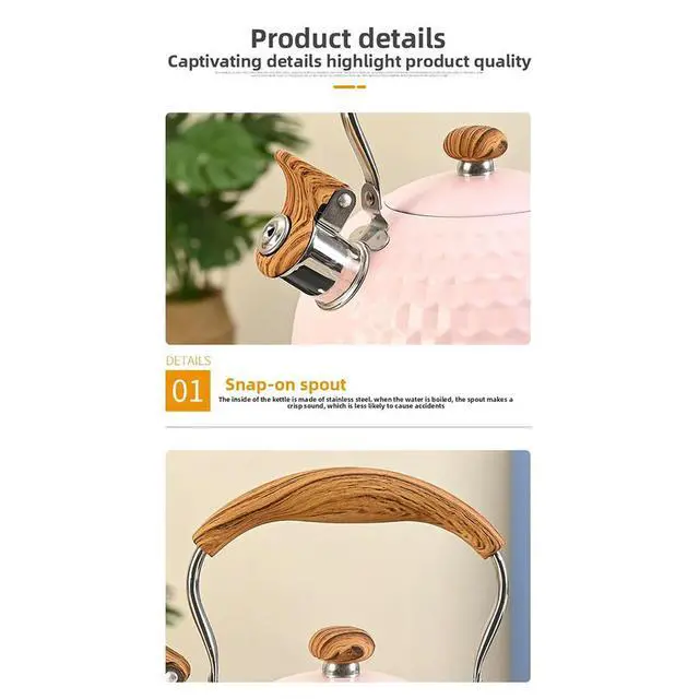 Alt view image 2 of 6 - 2.5 Quart Whistling Tea Kettle For Stove Top Food-grade Stainless Steel Silicone-coated Wood Handle Spout Cover Fast Heating