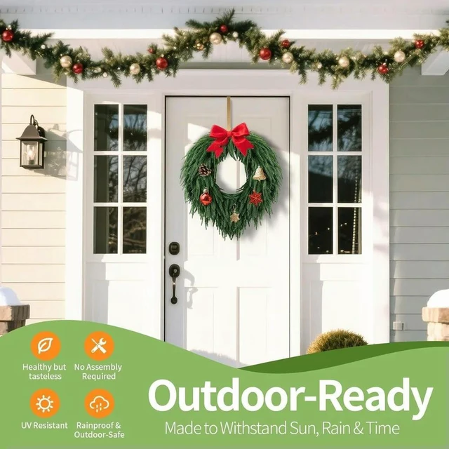 Alt view image 2 of 6 - 50cm Handmade Holiday Wreath in Norfolk Pine Design for Indoor Outdoor Use Rustic Rural Style Seasonal Front Door Decor
