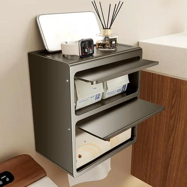 Alt view image 3 of 3 - No Drill Dispenser Toilet Paper Holder For Modern Bathroom Organization Space Saving Design Modern Minimalist Style