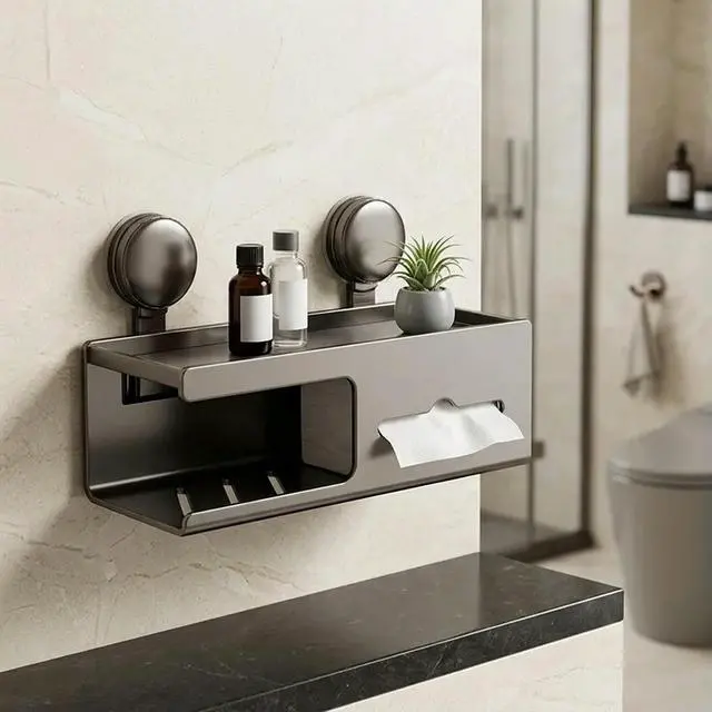 Alt view image 2 of 6 - Compact Suction Cup Box for Bathroom Walls Designed to Maximize Vertical Space While Holding Paper Towels and Essentials