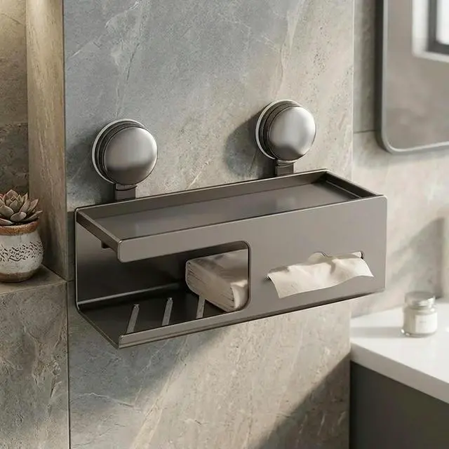 Alt view image 3 of 6 - Compact Suction Cup Box for Bathroom Walls Designed to Maximize Vertical Space While Holding Paper Towels and Essentials