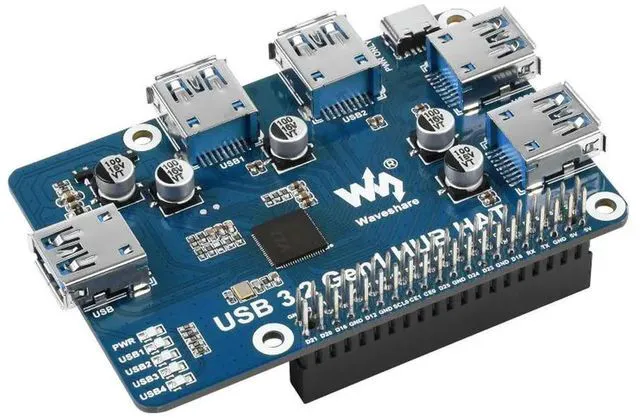 Main image of USB 3.2 Gen1 HUB HAT for Raspberry Pi, 4x USB 3.2 Gen1 Ports, Driver-Free