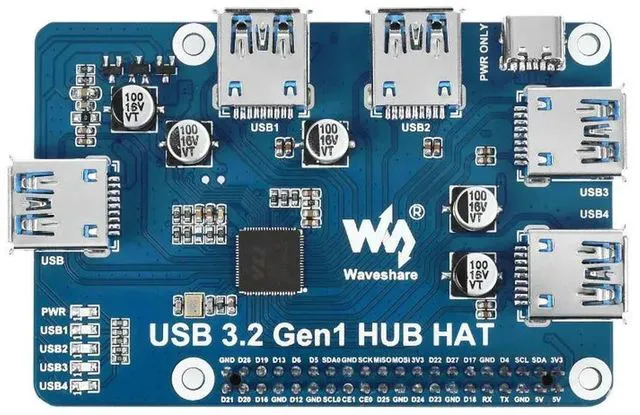 Alt view image 3 of 6 - USB 3.2 Gen1 HUB HAT for Raspberry Pi, 4x USB 3.2 Gen1 Ports, Driver-Free