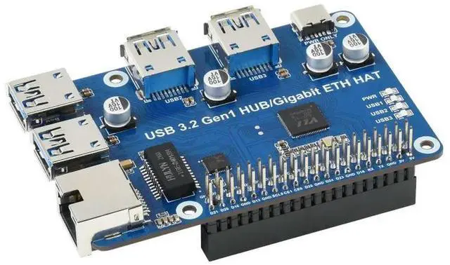 Main image of USB 3.2 Gen1 And Gigabit Ethernet HUB HAT for Raspberry Pi, 3x USB, 1x Gigabit ETH, Driver-Free