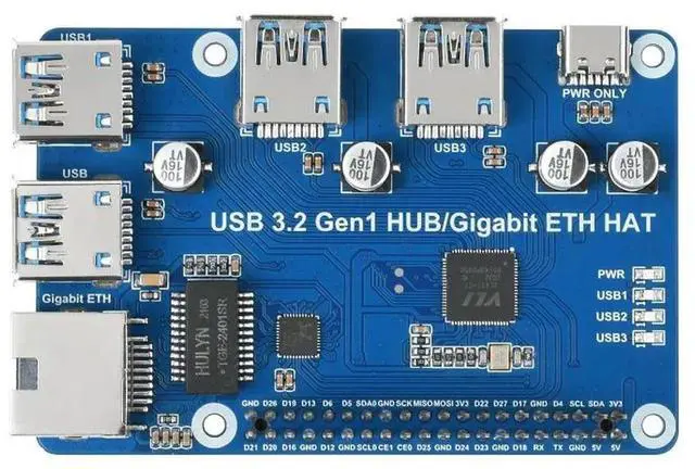 Alt view image 3 of 3 - USB 3.2 Gen1 And Gigabit Ethernet HUB HAT for Raspberry Pi, 3x USB, 1x Gigabit ETH, Driver-Free