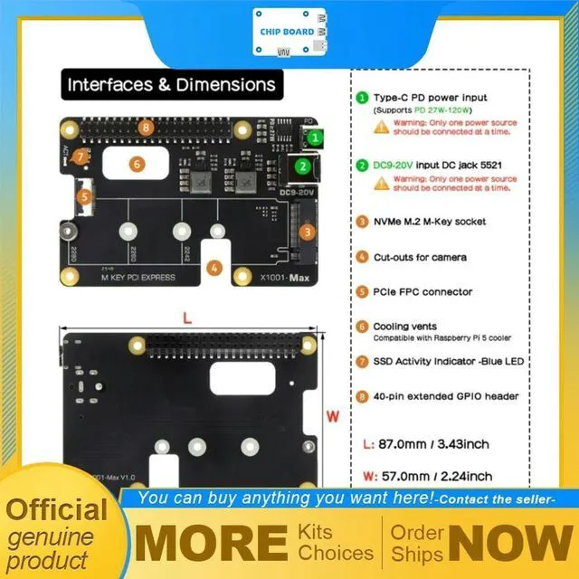 Main image of Geekworm X1001-Max PCIe3.0 M.2 NVMe Expansion HAT, 120W PD/DC 9-20V, AI Module Support, Large SSD Compatible