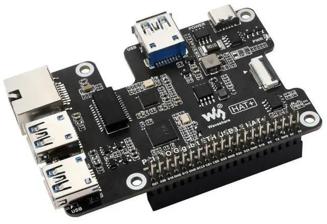 Main image of PCIe To Gigabit Ethernet And USB 3.2 Gen1 HAT For Raspberry Pi 5, 3x USB 3.2 Gen1, 1x Gigabit Ethernet, Driver-Free