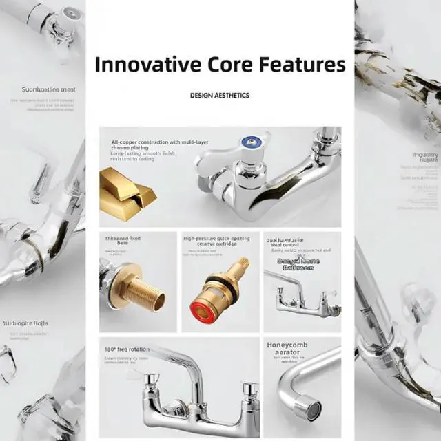 Alt view image 3 of 3 - 8 Inch Solid Brass Commercial Kitchen Faucet Hot Cold Sink Mixer with Elegant Silver Finish for Professional Use