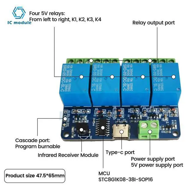 Alt view image 2 of 3 - DC5V 4-channe IR remote control relay module infrared remote control supports self-locking jog interlocking mode Type-C