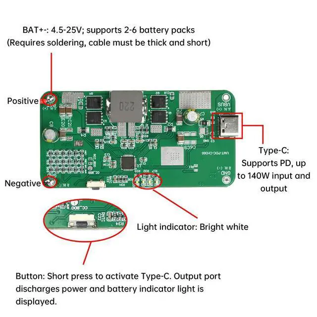 Alt view image 2 of 6 - PD140W Bidirectional Fast Charging IP2366 2S- 6S Lithium Charge Li-ion Lifepo4 BMS Charger TYPE-C Buck Converter