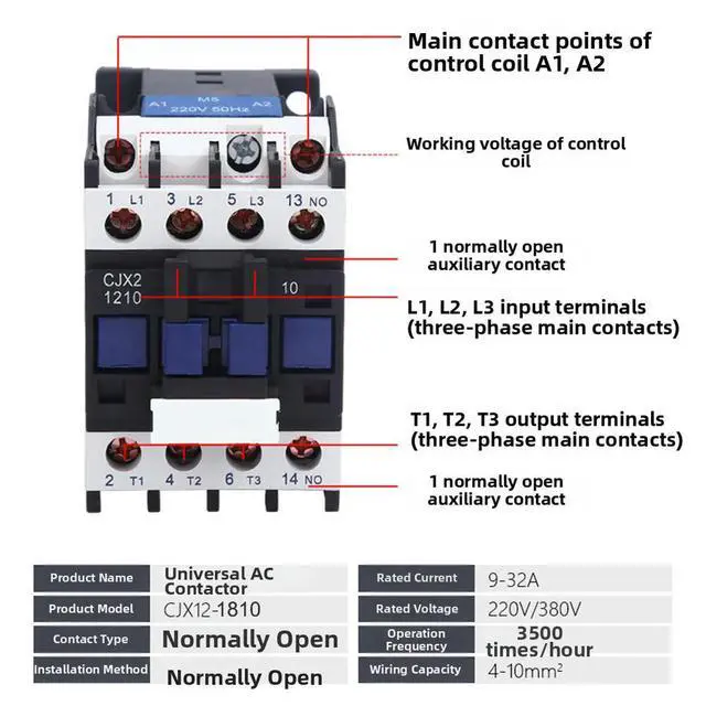 Alt view image 4 of 6 - 220 Volt AC Contactor CJX2 1210 3 Pole With 1NO Auxiliary Contact 12 Amps Din Rail Mount For Industrial Applications