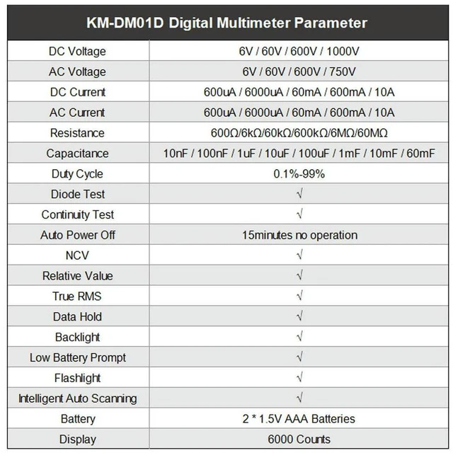 Alt view image 4 of 6 - True RMS Digital Multimeter KM-DM01D 6000 Count Auto-Range Meter with NCV Detection Data Hold Backlight LCD and Tilting Stand
