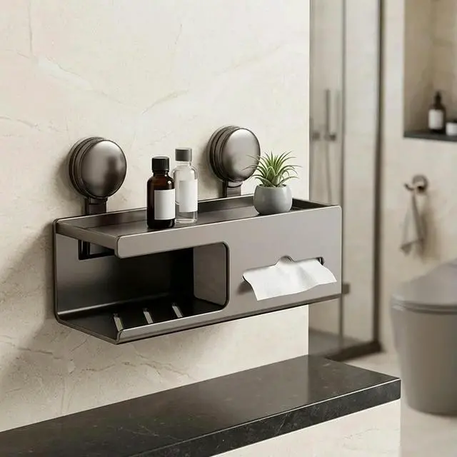 Alt view image 5 of 6 - Compact Suction Cup Box for Bathroom Walls Designed to Maximize Vertical Space While Holding Paper Towels and Essentials