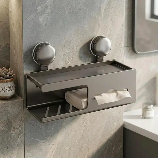 Alt view image 6 of 6 - Compact Suction Cup Box for Bathroom Walls Designed to Maximize Vertical Space While Holding Paper Towels and Essentials