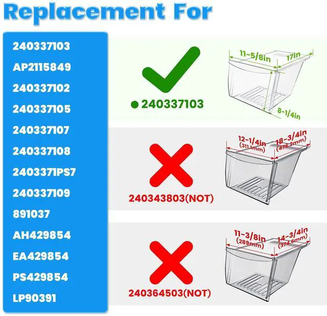 Alt view image 3 of 6 - 240337103 Crisper Drawer Compatible with Refrigerator Shelf | Replacement for 240337107 240337102 891037 240337105 240337108 240323007 240337100 AP2115741