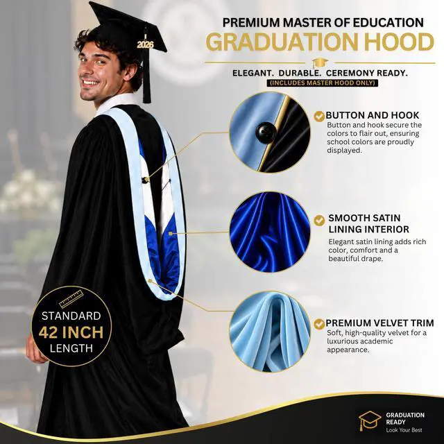 Alt view image 3 of 7 - Master Graduation Deluxe Hood (Nursing, Social Work, Theology, MBA, M.Ed, M.Sc.) Apricot Salmon Peacock (Light Blue-Royal Blue/White)