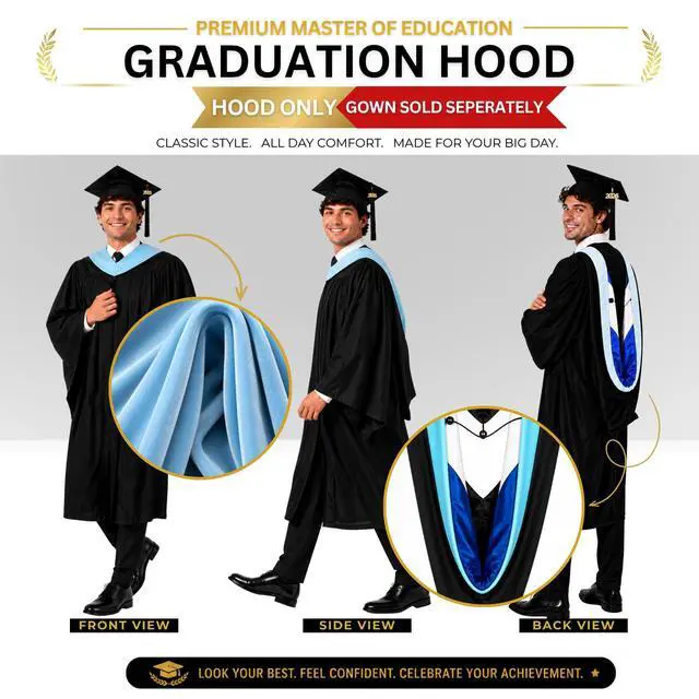 Alt view image 7 of 7 - Master Graduation Deluxe Hood (Nursing, Social Work, Theology, MBA, M.Ed, M.Sc.) Apricot Salmon Peacock (Light Blue-Royal Blue/White)