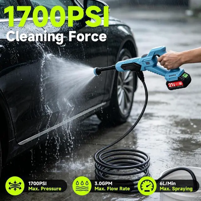 Alt view image 2 of 7 - Cordless Portable Washer, 1700 PSI Battery Operated Washer with Brushless Motor, Battery, 16.4FT Elastic Hose, 21V 3.0Ah Portable Handheld Washer for Car, Home, Patio, Driveway