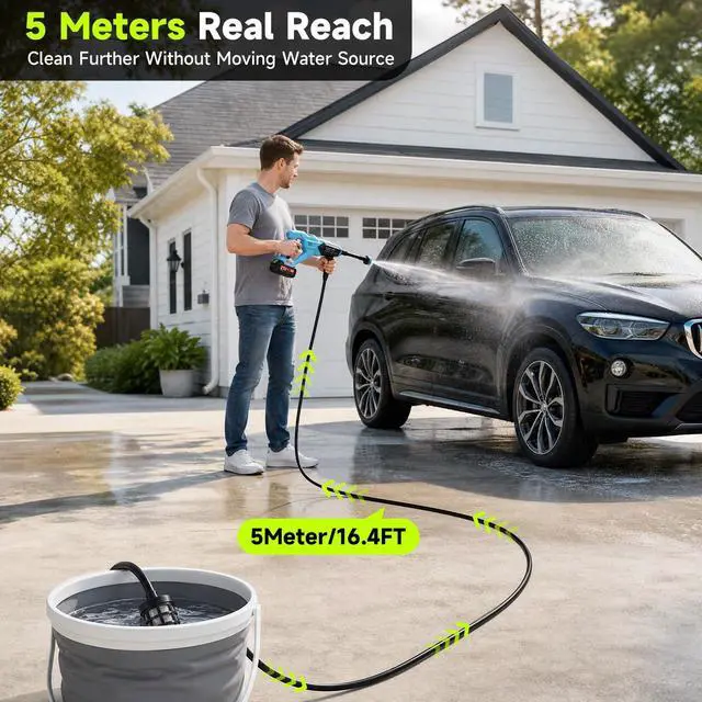 Alt view image 6 of 7 - Cordless Portable Washer, 1700 PSI Battery Operated Washer with Brushless Motor, Battery, 16.4FT Elastic Hose, 21V 3.0Ah Portable Handheld Washer for Car, Home, Patio, Driveway