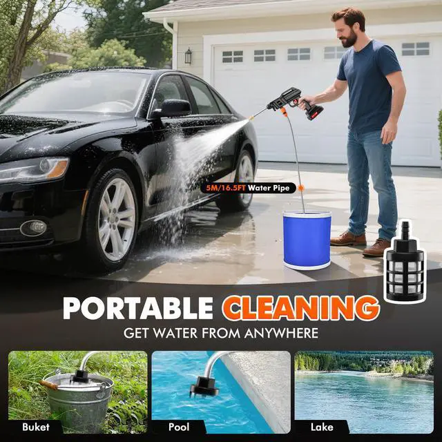 Alt view image 4 of 6 - Cordless Portable Washer, Handheld Washer, Battery Operated Washer | with 5M Elastic Hose for Car Home Outdoor Patio Garden, Lightweight Car Washer, Washer, Cleaner