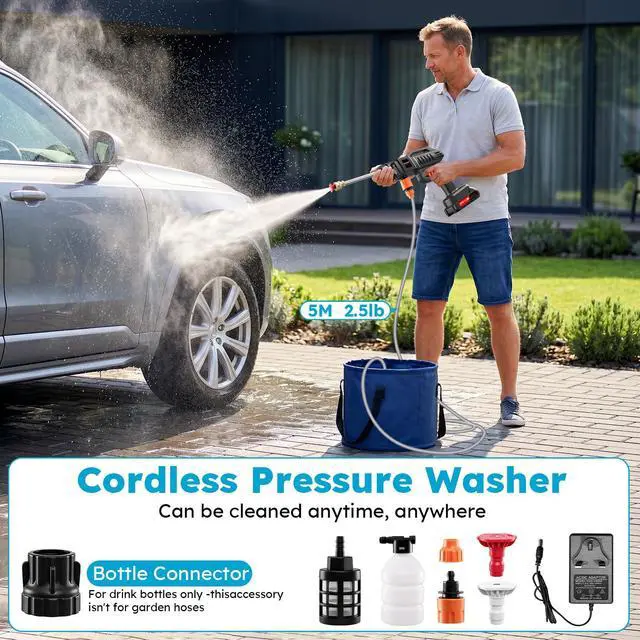 Alt view image 5 of 7 - Cordless Portable Washer, 60Bar Handheld Washer with Battery Operated, Foam Pot, 5m Elastic Hose, for Car Home Outdoor Patio Garden, Lightweight Car Washer