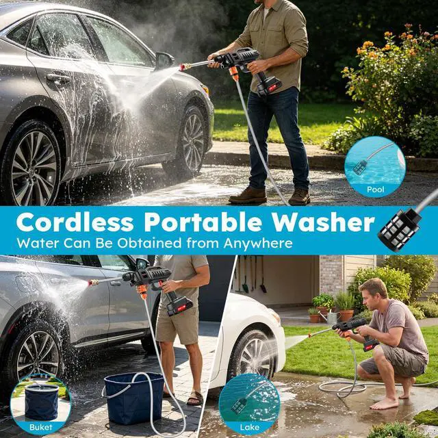 Alt view image 6 of 7 - Cordless Portable Washer, 60Bar Handheld Washer with Battery Operated, Foam Pot, 5m Elastic Hose, for Car Home Outdoor Patio Garden, Lightweight Car Washer