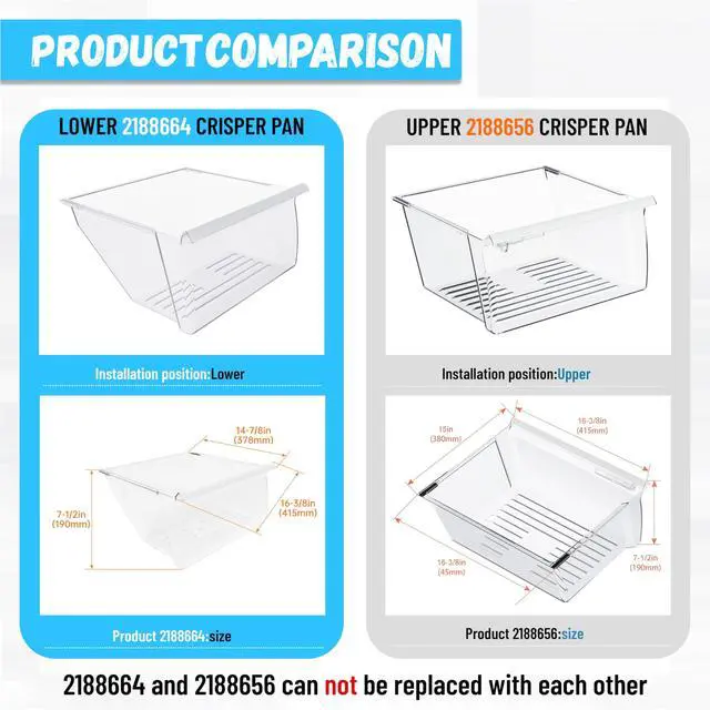 Alt view image 2 of 2 - WP2188664 Lower Crisper Pan Drawer Compatible with Whirlpool | (Lower) Replacement for Compatible with Whirlpool, Kenmore, Maytag, Kitchen Aid Refrigerator W/White Handle