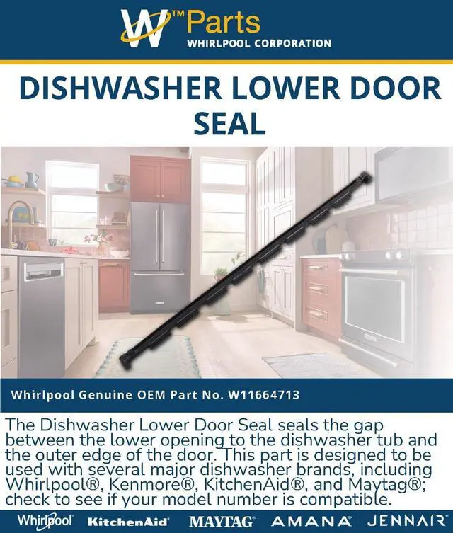 Alt view image 4 of 5 - Whirlpool W11664713 Genuine OEM Dishwasher Lower Door Seal Replacement Part - Replaces W11484890, W11454757, W11561235, W11606677, W11163967, and W11563231