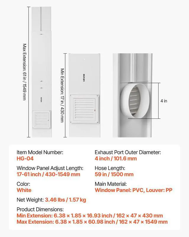 Alt view image 7 of 7 - Dryer Vent Window Kit, Fits 4-Inch Exhaust Hoses, Adjustable Length for Adapts Sliding Windows of Different Heights, Sturdy PVC and PP Materials, Dual Protections & Multi-layer Sealing Design