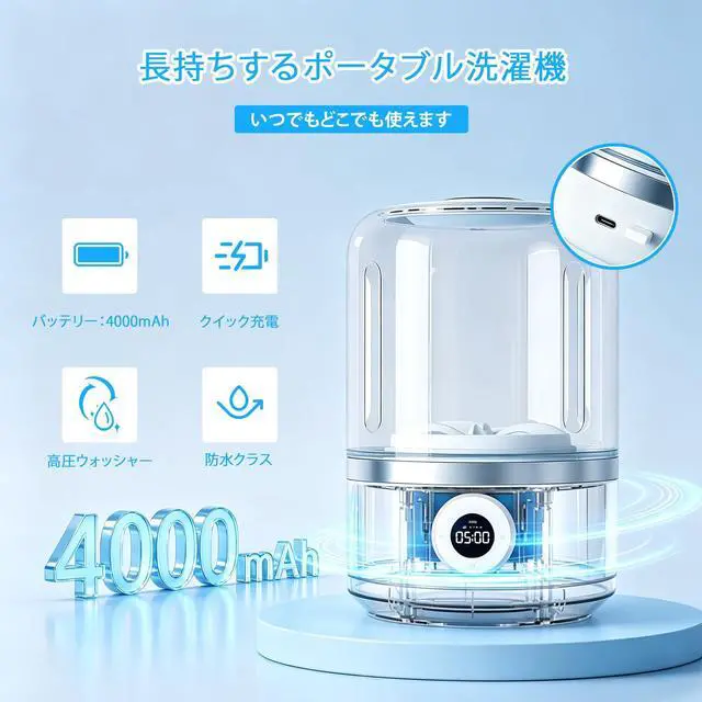 Alt view image 4 of 7 - 1.2L Portable Travel Washing Machine, Mini Washer for Underwear, Touchscreen, Compact & Quiet, Great for Dorms, Travel & Small Spaces