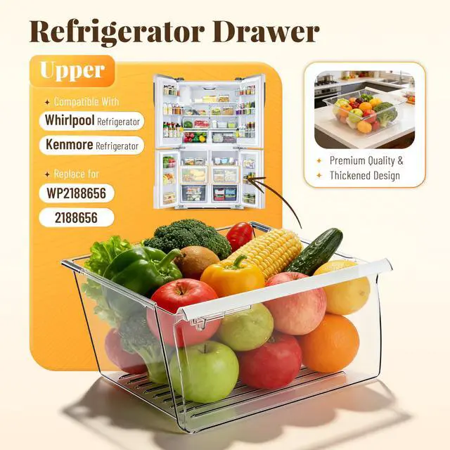 Alt view image 2 of 7 - 2188656 Replacement Crisper Drawer (Upper) Compatible with Whirlpool Kenmore Refrigerator Upper Bin with Humidity Control Plastic (PS) Clear